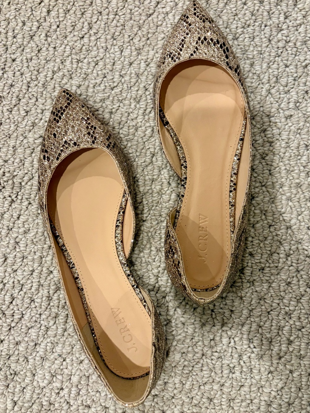 J.Crew Audrey Gold Glitter Snakeskin D'Orsay Flats 7 | Pointed Toe Dressy